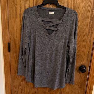 Maurices Heather Gray Lace-Up V-Neck Long Sleeve Top